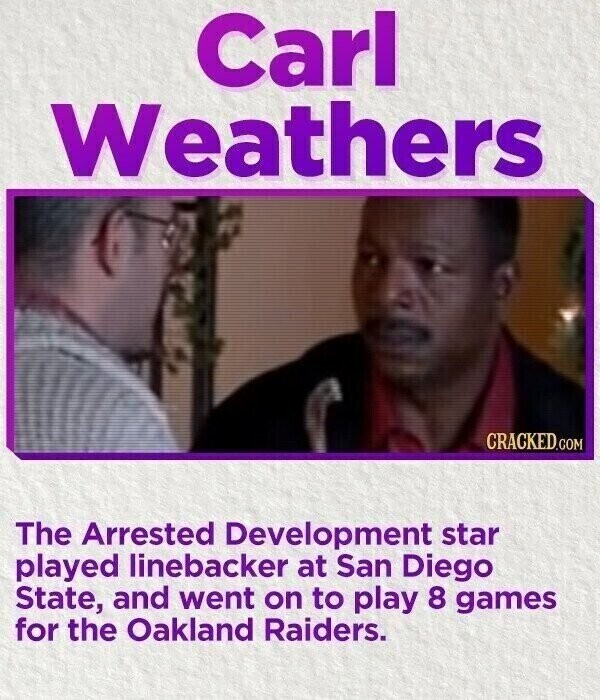 Carl Weathers CRACKED.COM The Arrested Development star played linebacker at San Diego State, and went on to play 8 games for the Oakland Raiders.