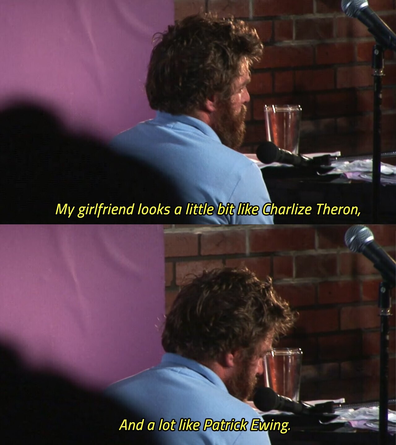 My girlfriend looks a little bit like Charlize Theron, And a lot like Patrick Ewing 