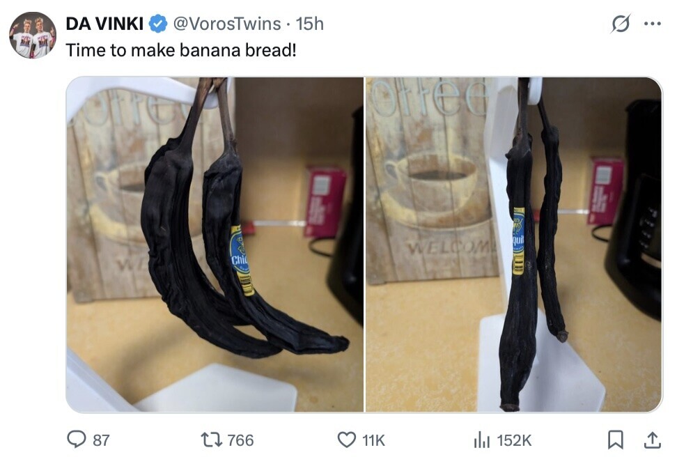 DA VINKI @VorosTwins 15h G ... Time to make banana bread! offee I I I ROTT qui WELCOM Chic 87 766 11K del 152K 
