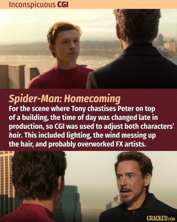 Inconspicuous CGI Spider-Man: Homecoming For the scene where Tony chastises Peter on top of a building, the time of day was changed late in production, so CGI was used to adjust both characters' hair. This included lighting, the wind messing up the hair, and probably overworked FX artists. CRACKED.COM