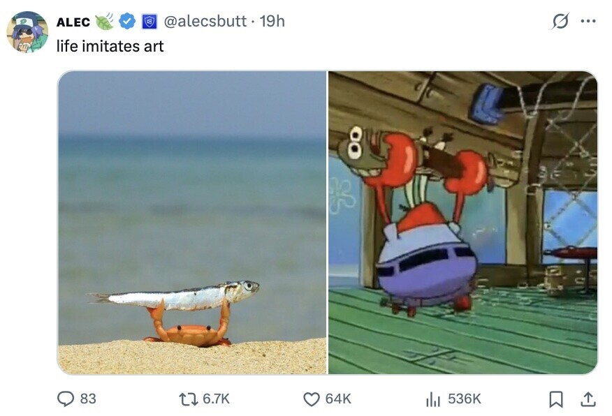 ALEC @alecsbutt. 19h s ... life imitates art 83 6.7K 64K 536K 