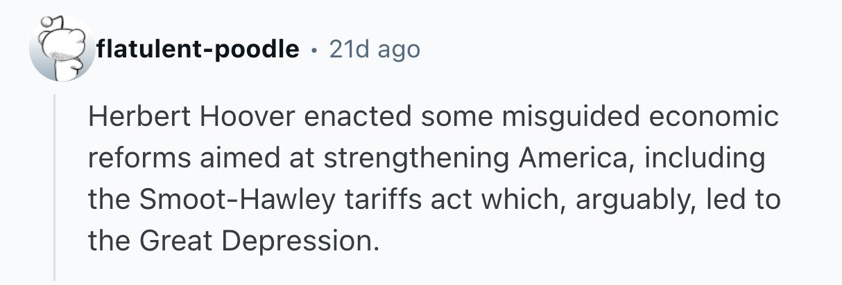 flatulent-poodle . 21d ago Herbert Hoover enacted some misguided economic reforms aimed at strengthening America, including the Smoot-Hawley tariffs act which, arguably, led to the Great Depression. 