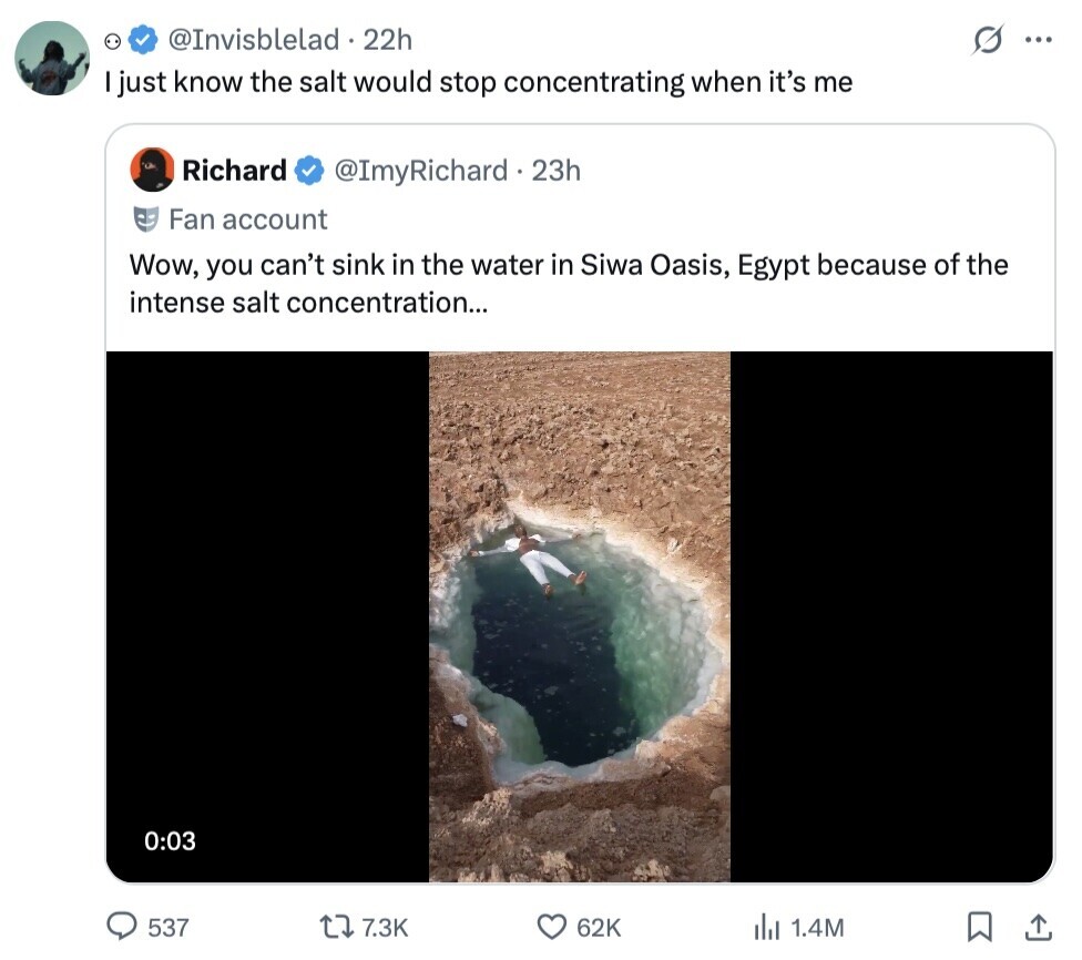 @Invisblelad 22h G ... I just know the salt would stop concentrating when it's me Richard @ImyRichard.23h Fan account Wow, you can't sink in the water in Siwa Oasis, Egypt because of the intense salt concentration... 0:03 537 7.3K 62K del 1.4M 