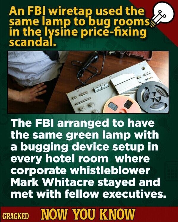 An FBI wiretap used the same lamp to bug rooms in the lysine price-fixing scandal. The FBI arranged to have the same green lamp with a bugging device setup in every hotel room where corporate whistleblower Mark Whitacre stayed and met with fellow executives. CRACKED NOW YOU KNOW