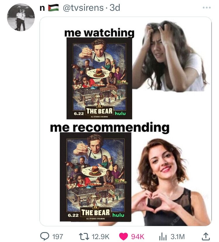 n @tvsirens 3d me watching FX THE BEAR 6.22 hulu ALL EPISONES STREAMING me recommending FX THE BEAR hulu 6.22 ALL EPISONES STREAMING 197 12.9K 94K 3.1M
