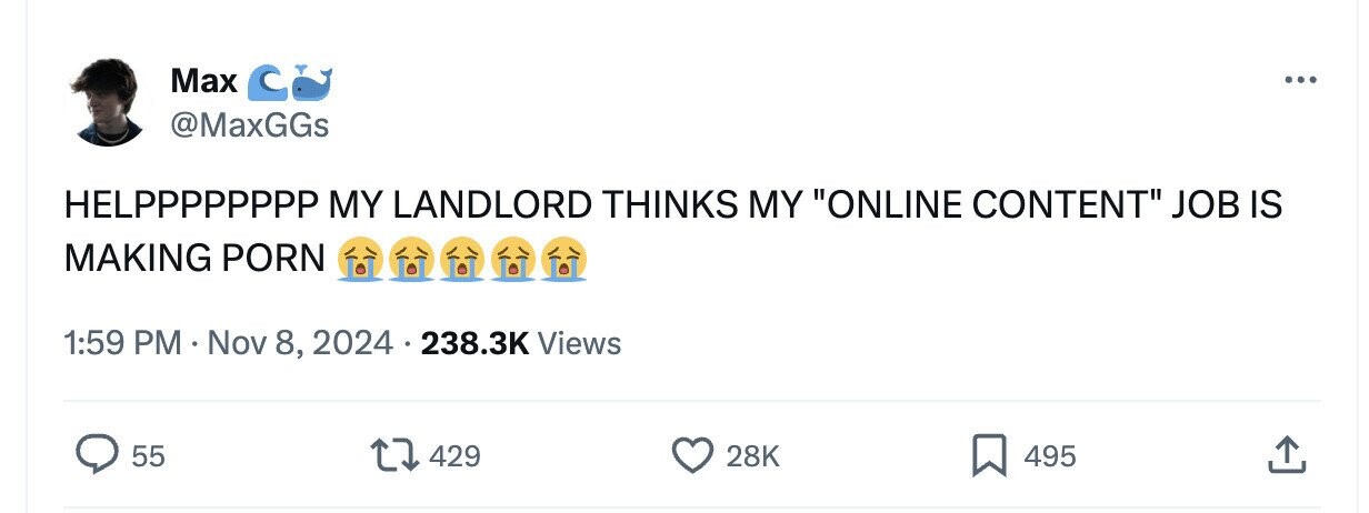 Max ... @MaxGGs HELPPPPPPPP MY LANDLORD THINKS MY ONLINE CONTENT JOB IS MAKING PORN 1:59 PM Nov 8, 2024 238.3K Views 55 429 28K 495