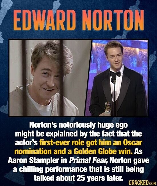EDWARD NORTON Norton's notoriously huge ego might be explained by the fact that the actor's first-ever role got him an Oscar nomination and a Golden Globe win. As Aaron Stampler in Primal Fear, Norton gave a chilling performance that is still being talked about 25 years later. CRACKED.COM