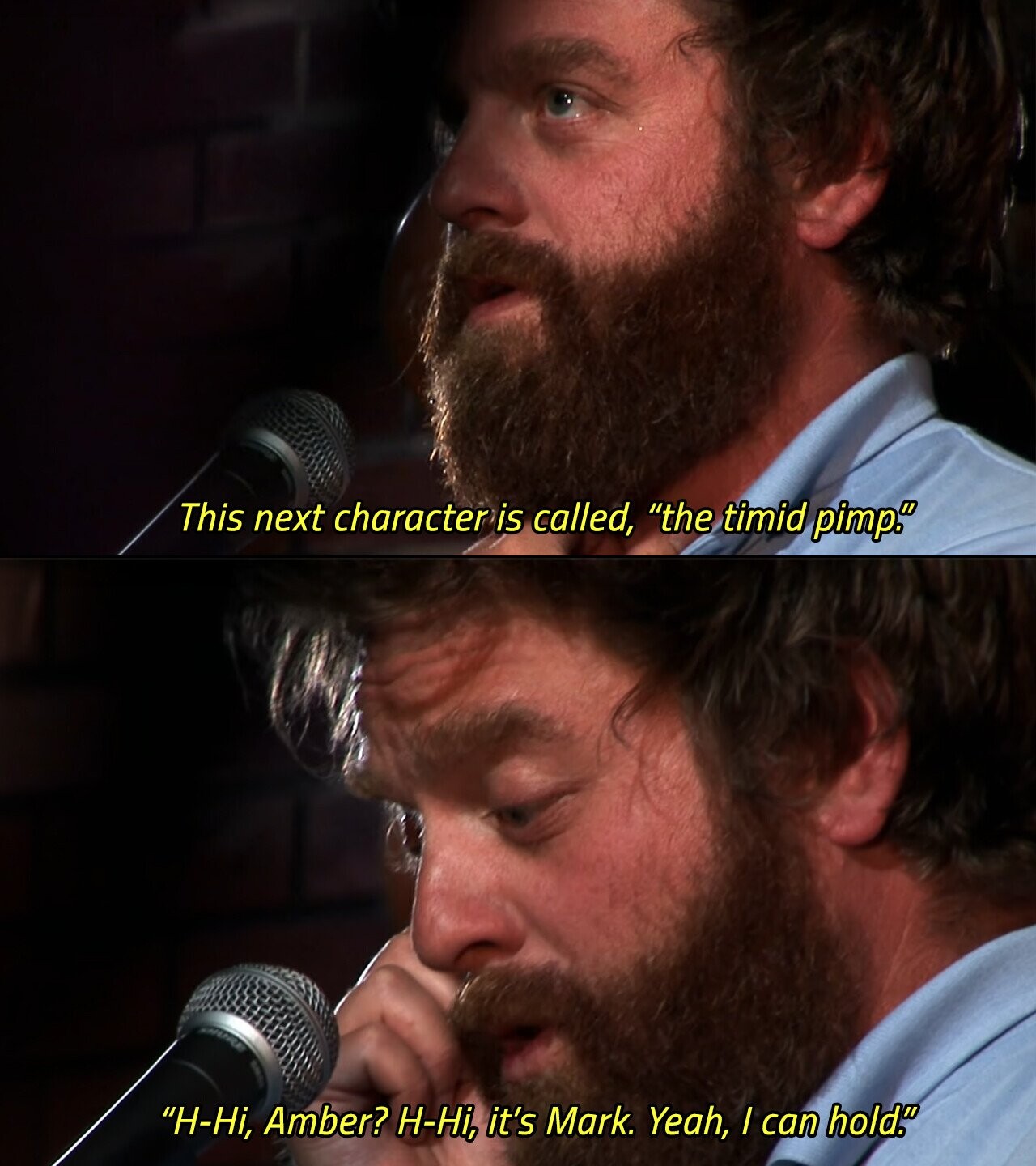 This next character is called, the timid pimp. H-Ні, Amber? H-Hi, it's Mark. Yeah, / can hold. 