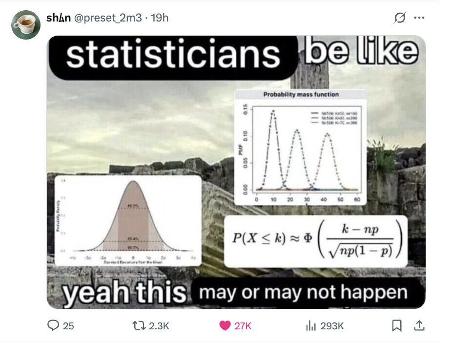 shAn @preset_2m3 . 1 19h O ... be like statisticians Probability mass function Nation adidas WA100 0.15 Nitco wd300 N:500 K:70 me300 0.10 PMF 0.05 0.00 0 10 20 30 40 50 60 Presidently Daraty k-np P(X < <) = zu St Au Vnp(1-p) Starter: .. yeah this may or may not happen 25 2.3K 27K del 293K 
