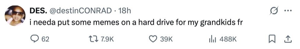 DES. @destinCONRAD . 18h i i needa put some memes on a hard drive for my grandkids fr 62 7.9K 39K del 488K 