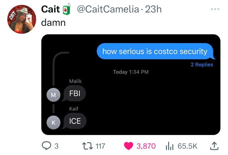 Cait @CaitCamelia 23h ... CAIT damn how serious is costco security 2 Replies Today 1:34 PM Malik FBI M Kaif ICE K 3 117 3,870 65.5K 