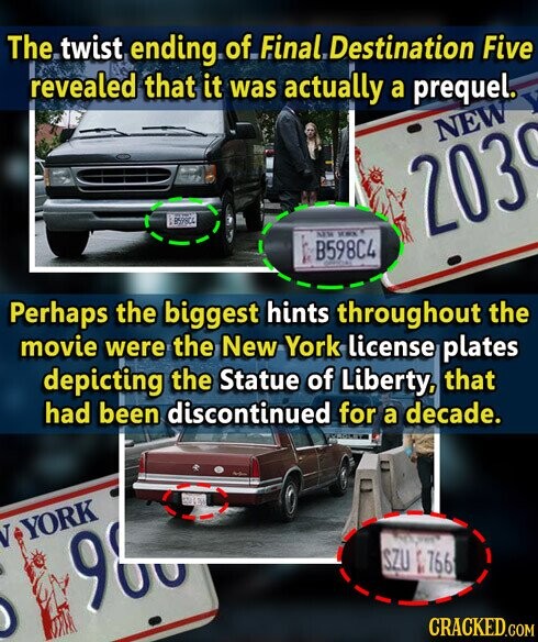 The twist ending of Final Destination Five revealed that it was actually a prequel. NEW B598C4 NEW KB 203 B598C4 OFFICIAL Perhaps the biggest hints throughout the movie were the New York license plates depicting the Statue of Liberty, that had been discontinued for a decade. N YORK 980 SZU b 766 CRACKED.COM