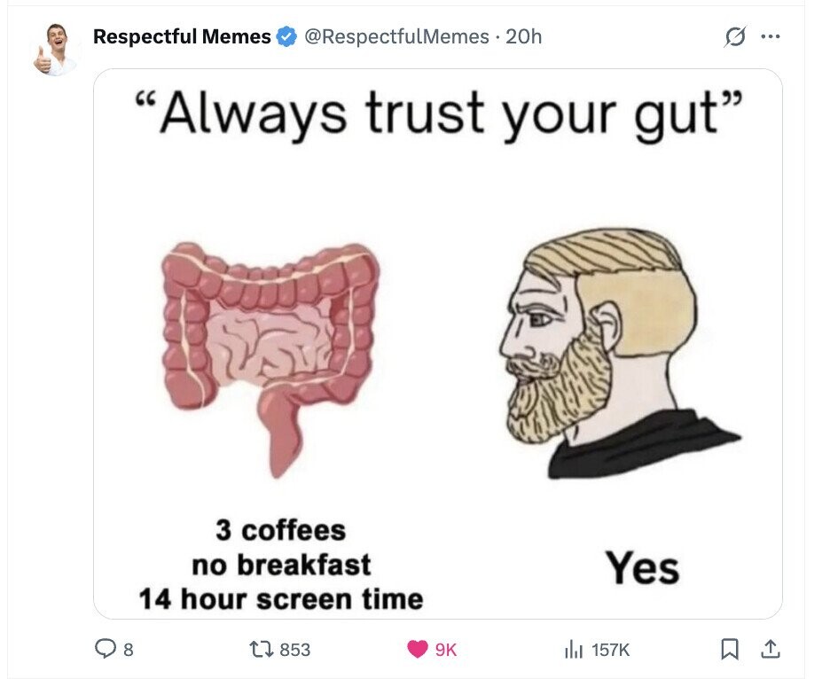 G Respectful Memes @RespectfulMemes.20h ... Always trust your gut 3 coffees no breakfast Yes 14 hour screen time 8 853 9K 157K 