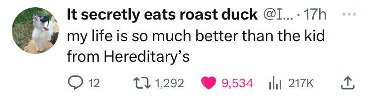 It secretly eats roast duck @I... 17h ... my life is so much better than the kid from Hereditary's 12 1,292 9,534 217K
