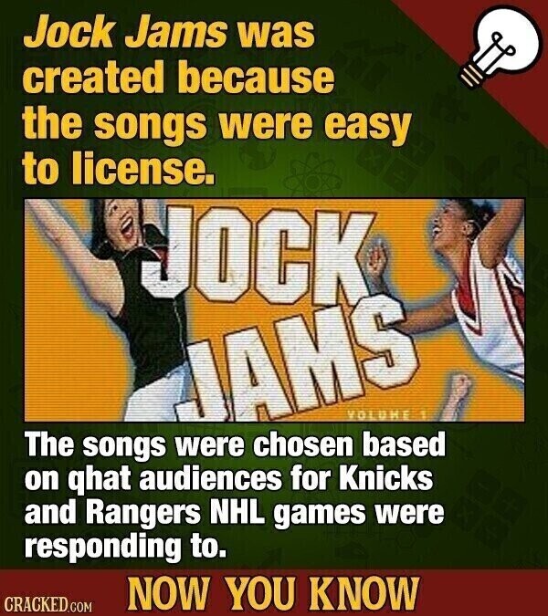 Jock Jams was created because the songs were easy to license. JOCK JAMS VOLUME The songs were chosen based on qhat audiences for Knicks and Rangers NHL games were responding to. NOW YOU KNOW CRACKED.COM