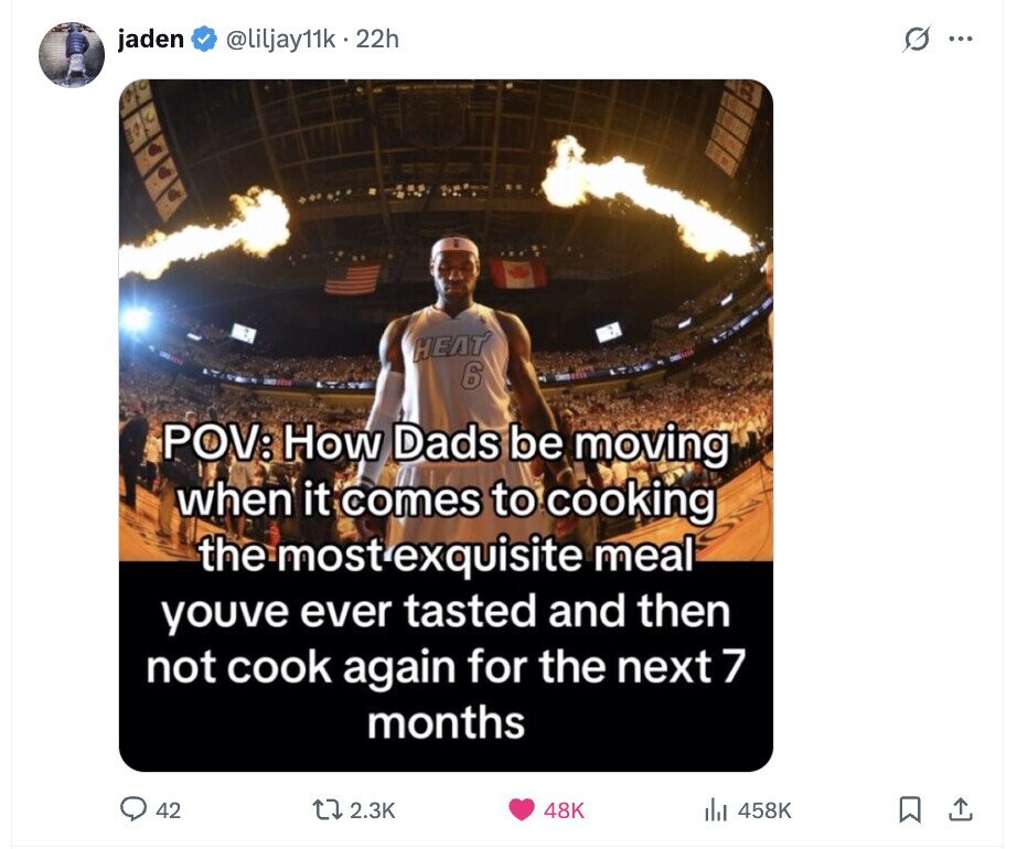 @liljay11k.22h G ... jaden HEAT 6 POV: How Dads be moving when it comes to cooking the most exquisite meal youve ever tasted and then not cook again for the next 7 months 42 2.3K 48K 458K 