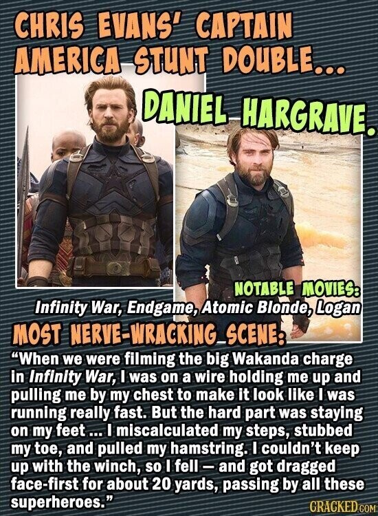 CHRIS EVANS' CAPTAIN AMERICA STUNT DOUBLE... DANIEL HARGRAVE. NOTABLE MOVIES: Infinity War, Endgame, Atomic Blonde, Logan MOST NERVE-WRACKING_ SCENE: When we were filming the big Wakanda charge in Infinity War, I was on a wire holding me up and pulling me by my chest to make it look like I was running really fast. But the hard part was staying on my feet... I miscalculated my steps, stubbed my toe, and pulled my hamstring. I couldn't keep up with the winch, so I fell - and got dragged face-first for about 20 yards, passing by all these superheroes. GRACKED.COM