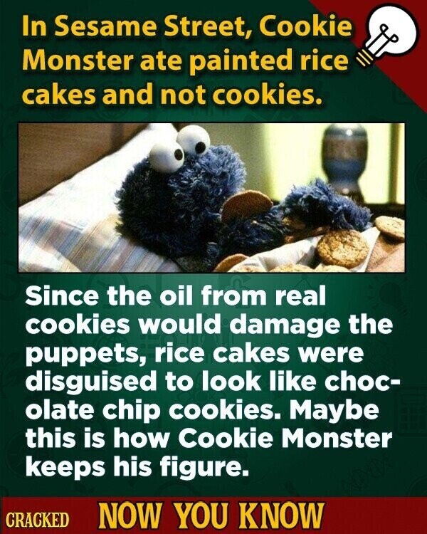 In Sesame Street, Cookie Monster ate painted rice cakes and not cookies. Since the oil from real cookies would damage the puppets, rice cakes were disguised to look like choc- olate chip cookies. Maybe this is how Cookie Monster keeps his figure. CRACKED NOW YOU KNOW