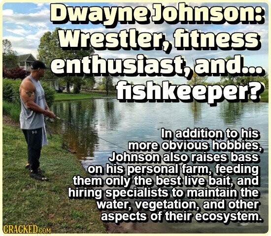 Dwayne Johnson: Wrestler, fitness enthusiast, and... fishkeeper? In addition to his more obvious hobbies, Johnson also raises bass on his personal farm, feeding them only the best live bait, and hiring specialists to maintain the water, vegetation, and other aspects of their ecosystem. CRACKED COM