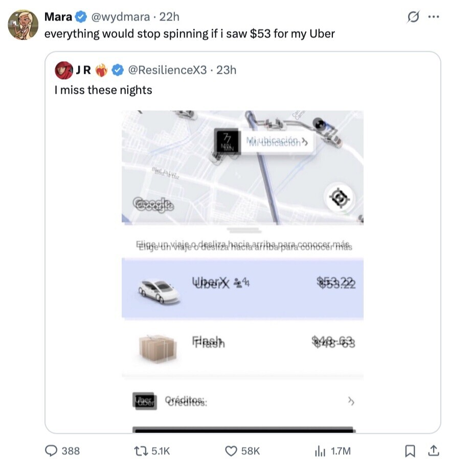 Mara @wydmara.22h S ... everything would stop spinning if i saw $53 for my Uber JR @ResilienceX3 3.23h miss these nights Michiración Cacegle WheerX 4 $53.33 Frish $488.63 Crésitions Haser 388 5.1K 58K del 1.7M 
