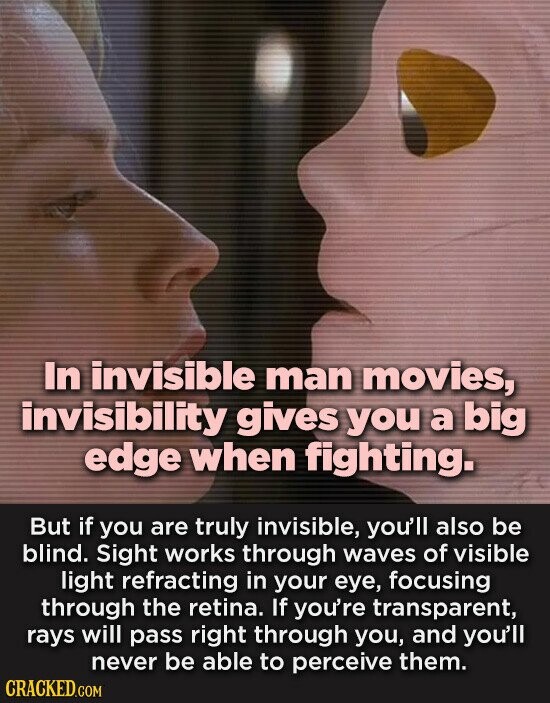 In invisible man movies, invisibility gives you a big edge when fighting. But if you are truly invisible, you'll also be blind. Sight works through waves of visible light refracting in your eye, focusing through the retina. If you're transparent, rays will pass right through you, and you'll never be able to perceive them. CRACKED.COM