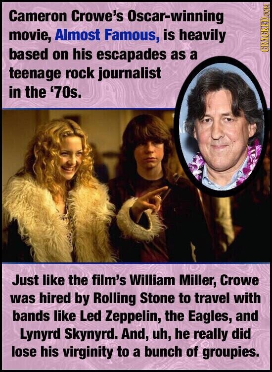 Cameron Crowe's Oscar-winning movie, Almost Famous, is heavily based on his escapades as a GRAGKED.COM teenage rock journalist in the '70s. Just like the film's William Miller, Crowe was hired by Rolling Stone to travel with bands like Led Zeppelin, the Eagles, and Lynyrd Skynyrd. And, uh, he really did lose his virginity to a bunch of groupies.