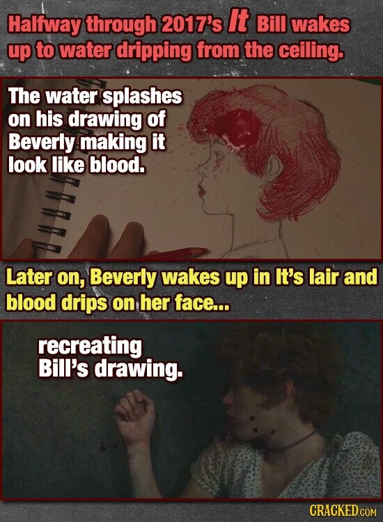 Halfway through 2017's It Bill wakes up to water dripping from the ceiling. The water splashes on his drawing of Beverly making it look like blood. Later on, Beverly wakes up in It's lair and blood drips on her face... recreating Bill's drawing. CRACKED.COM