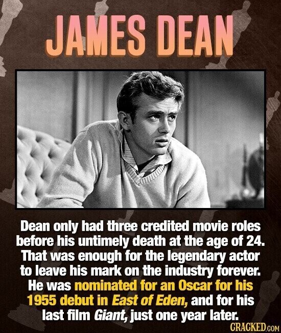 JAMES DEAN Dean only had three credited movie roles before his untimely death at the age of 24. That was enough for the legendary actor to leave his mark on the industry forever. Не was nominated for an Oscar for his 1955 debut in East of Eden, and for his last film Giant, just one year later. CRACKED.COM