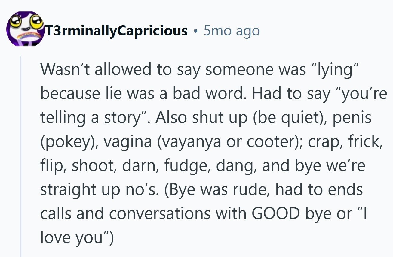 T3rminallyCapricious 5mo ago Wasn't allowed to say someone was lying because lie was a bad word. Had to say you're telling a story. Also shut up (be quiet), penis (pokey), vagina (vayanya or cooter); crap, frick, flip, shoot, darn, fudge, dang, and bye we're straight up no's. (Bye was rude, had to ends calls and conversations with GOOD bye or I love you)