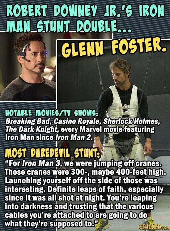 ROBERT DOWNEY JR.'S IRON MAN STUNT DOUBLE... GLENN FOSTER. NOTABLE MOVIES/TV SHOWS: Breaking Bad, Casino Royale, Sherlock Holmes, The Dark Knight, every Marvel movie featuring Iron Man since Iron Man 2. MOST DAREDEVIL STUNT: For Iron Man 3, we were jumping off cranes. Those cranes were 300-, maybe 400-feet high. Launching yourself off the side of those was interesting. Definite leaps of faith, especially since it was all shot at night. You're leaping into darkness and trusting that the various cables you're attached to are going to do what they're supposed to. GRACKED.COM
