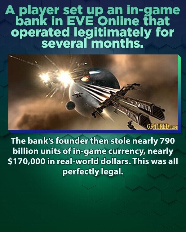 A player set up an in-game bank in EVE Online that operated legitimately for several months. CRACKED.COM The bank's founder then stole nearly 790 billion units of in-game currency, nearly $170,000 in real-world dollars. This was all perfectly legal.