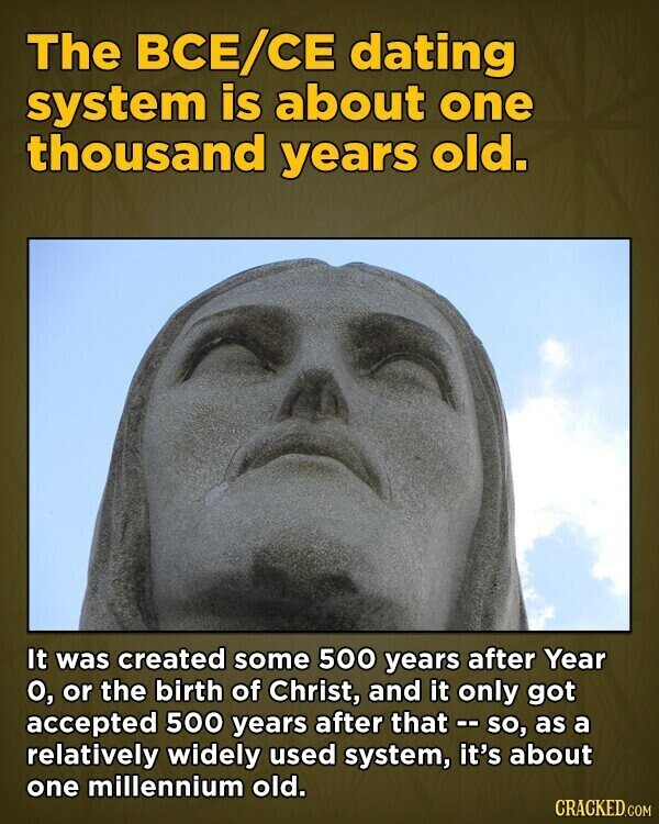 The ВСЕ/СЕ dating system is about one thousand years old. It was created some 500 years after Year о, or the birth of Christ, and it only got accepted 500 years after that - s so, as a relatively widely used system, it's about one millennium old. CRACKED.COM