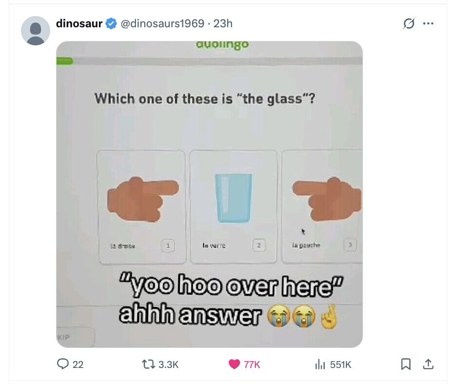 dinosaur @dinosaurs1969.23h G ... auolingo Which one of these is the glass? 1 Is were 2 la gauche 3 la droits yoo hoo over here ahhh answer KIP 22 3.3K 77K 551K 