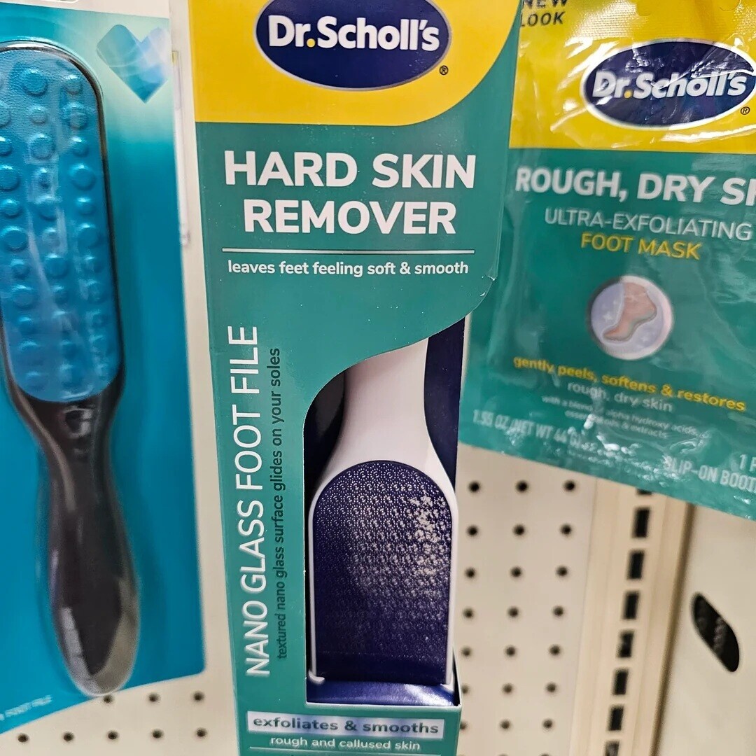 NEW LOOK Dr.Scholl's ® Dr. Scholl's ® HARD SKIN ROUGH, DRY SI ULTRA-EXFOLIATING REMOVER FOOT MASK leaves feet feeling soft & smooth gently peels, softens & restores rough. dry skin with 36 blend Er alpha hydroxy acids. POR esser and & extracts 1.55 OZ NET WT 44 1A SLIP-ON BOOT textured nano glass surface glides on your soles NANO GLASS FOOT FILE out exfoliates & smooths rough and callused skin