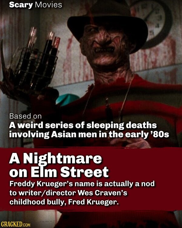 Scary Movies Based on A weird series of sleeping deaths involving Asian men in the early '80s A Nightmare on Elm Street Freddy Krueger's name is actually a nod to writer/director Wes Craven's childhood bully, Fred Krueger. CRACKED.COM