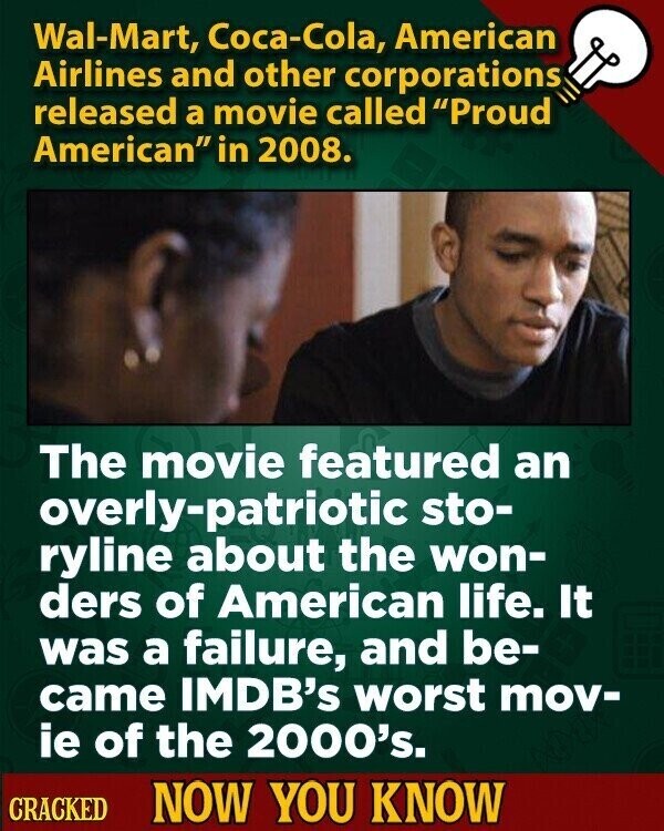 Wal-Mart, Соса-Соӏа, American Airlines and other corporations released a movie called Proud American in 2008. The movie featured an overly-patriotic sto- ryline about the won- ders of American life. It was a failure, and be- came IMDB's worst mov- ie of the 2000's. CRACKED NOW YOU KNOW