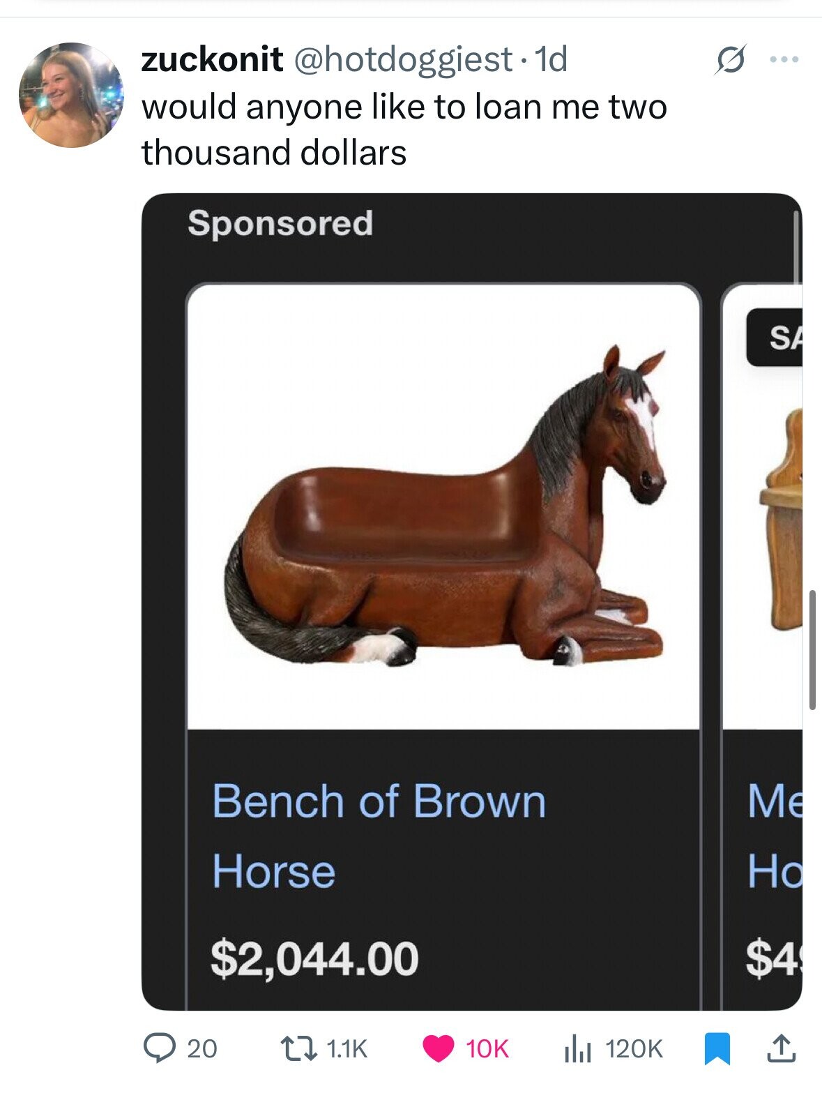 zuckonit @hotdoggiest.1 1d S ... would anyone like to loan me two thousand dollars Sponsored SA Bench of Brown Me Horse Но $2,044.00 $4 20 1.1K 10K 120K 