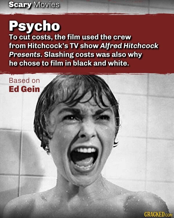 Scary Movies Psycho To cut costs, the film used the crew from Hitchcock's TV show Alfred Hitchcock Presents. Slashing costs was also why he chose to film in black and white. Based on Ed Gein CRACKED.COM