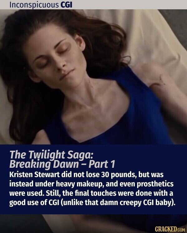 Inconspicuous CGI The Twilight Saga: Breaking Dawn-Part 1 Kristen Stewart did not lose 30 pounds, but was instead under heavy makeup, and even prosthetics were used. Still, the final touches were done with a good use of CGI (unlike that damn creepy CGI baby). CRACKED.COM