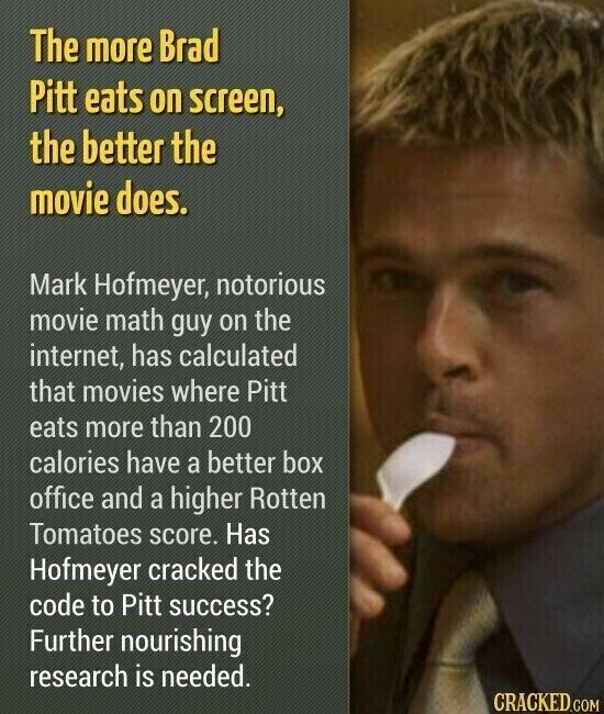 The more Brad Pitt eats on screen, the better the movie does. Mark Hofmeyer, notorious movie math guy on the internet, has calculated that movies where Pitt eats more than 200 calories have a better box office and a higher Rotten Tomatoes score. Has Hofmeyer cracked the code to Pitt success? Further nourishing research is needed. CRACKED.COM
