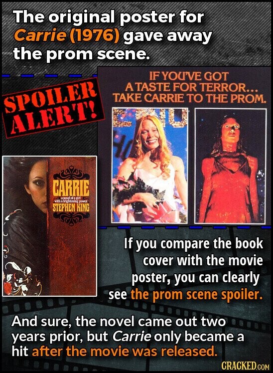 The original poster for Carrie (1976) gave away the prom scene. IF YOU'VE GOT A TASTE FOR TERROR... TAKE CARRIE TO THE PROM. SPOILER ? ALERT! CARRIE anovel da girl witha frightening power STEPHEN KING If you compare the book cover with the movie poster, you can clearly see the prom scene spoiler. And sure, the novel came out two years prior, but Carrie only became a hit after the movie was released. CRACKED.COM
