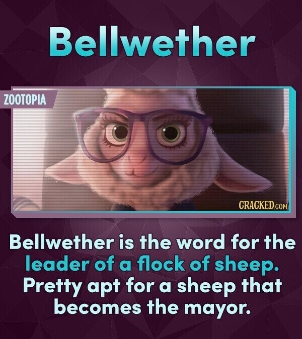 Bellwether ZOOTOPIA CRACKED.COM Bellwether is the word for the leader of a flock of sheep. Pretty apt for a sheep that becomes the mayor.