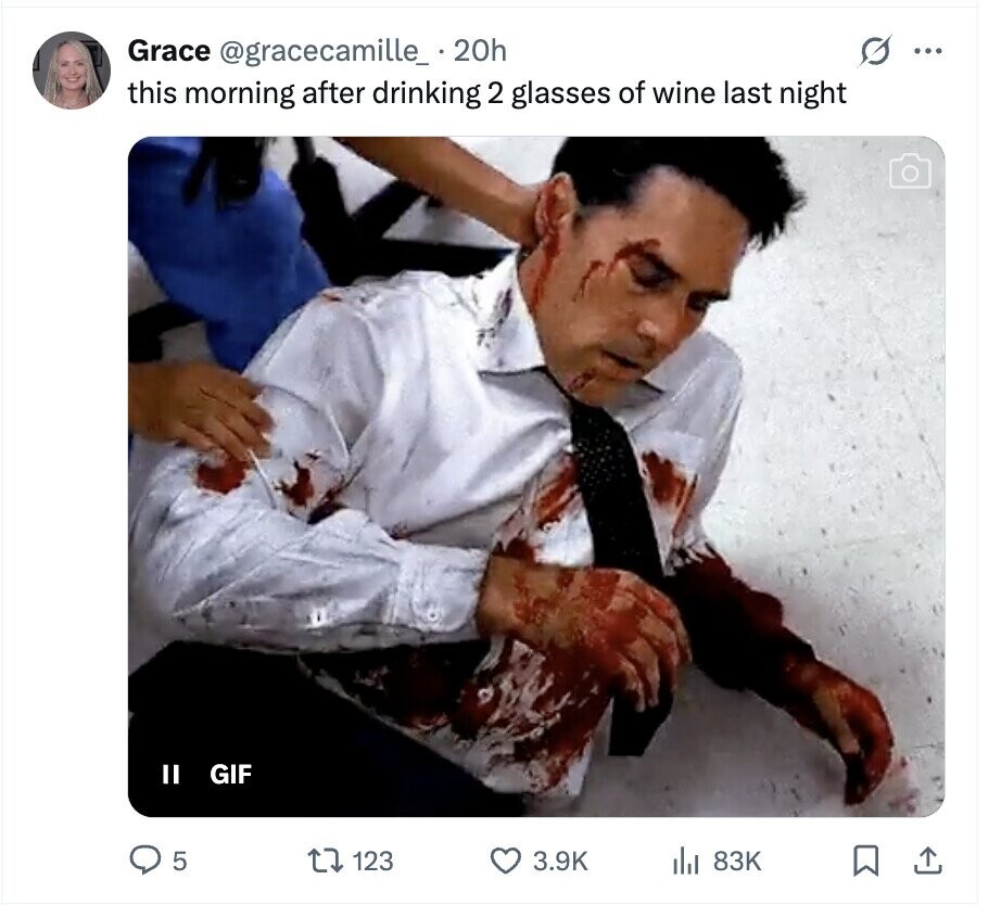 O Grace @gracecamille_ 20h ... this morning after drinking 2 glasses of wine last night II GIF 5 123 3.9K del 83K