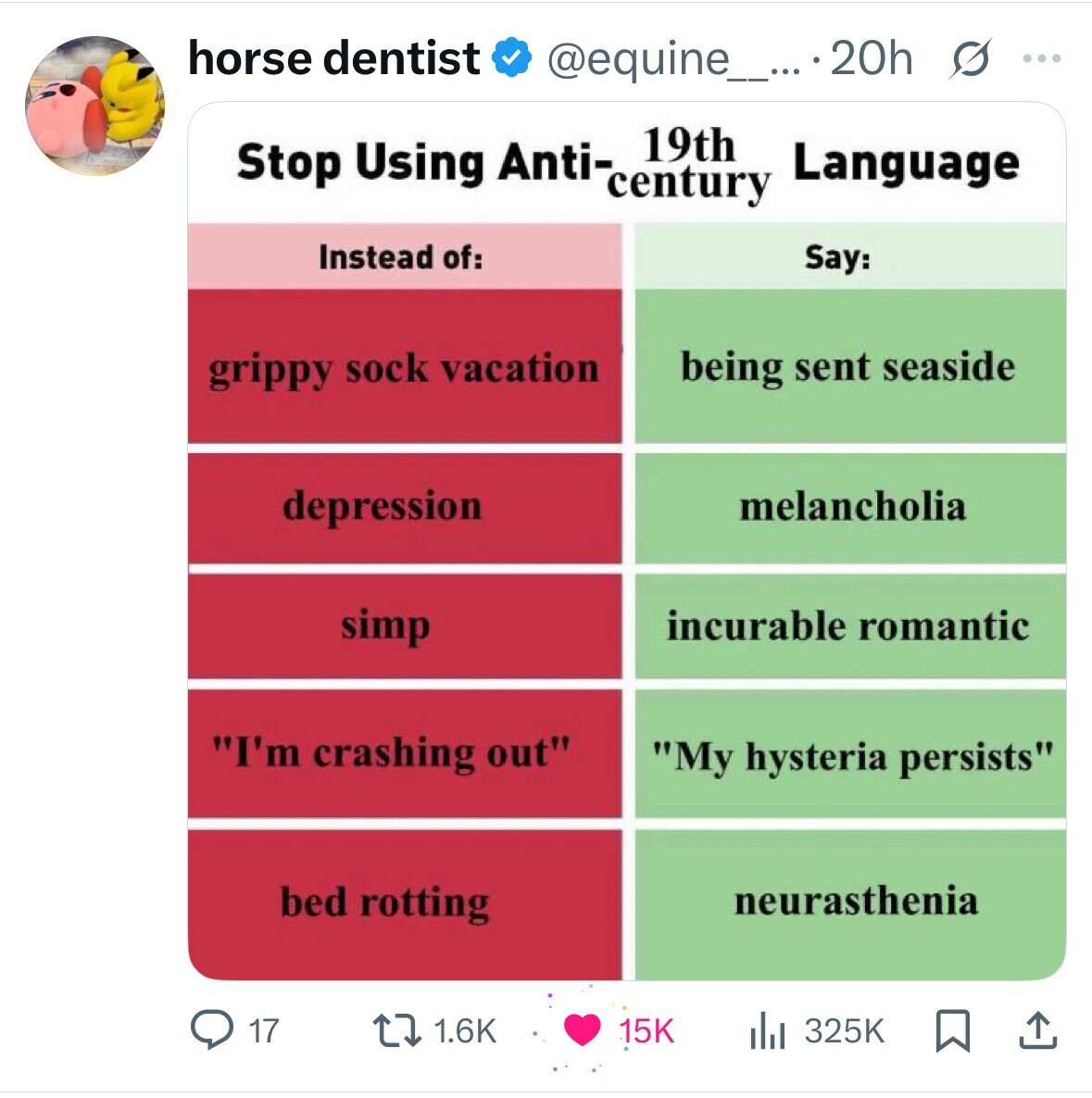 horse dentist @equine__... ...20h s ... Using Stop Anti- century 19th Language Instead of: Say: being sent seaside grippy sock vacation depression melancholia simp incurable romantic I'm crashing out My hysteria persists neurasthenia bed rotting 1.6K 17 15K 325K 