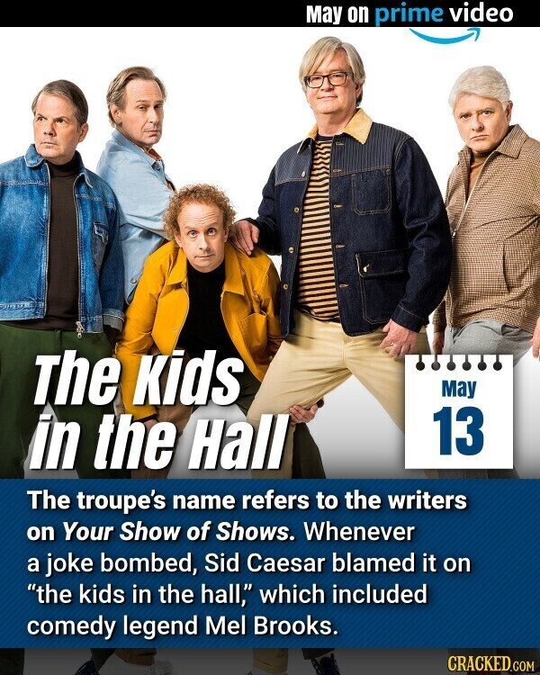 May on prime video The Kids May 13 in the Hall The troupe's name refers to the writers on Your Show of Shows. Whenever a joke bombed, Sid Caesar blamed it on the kids in the hall, which included comedy legend Mel Brooks. CRACKED.COM