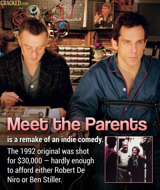 CRACKED.COM Meet the Parents is a remake of an indie comedy. The 1992 original was shot for $30,000 - hardly enough to afford either Robert De Niro or Ben Stiller.