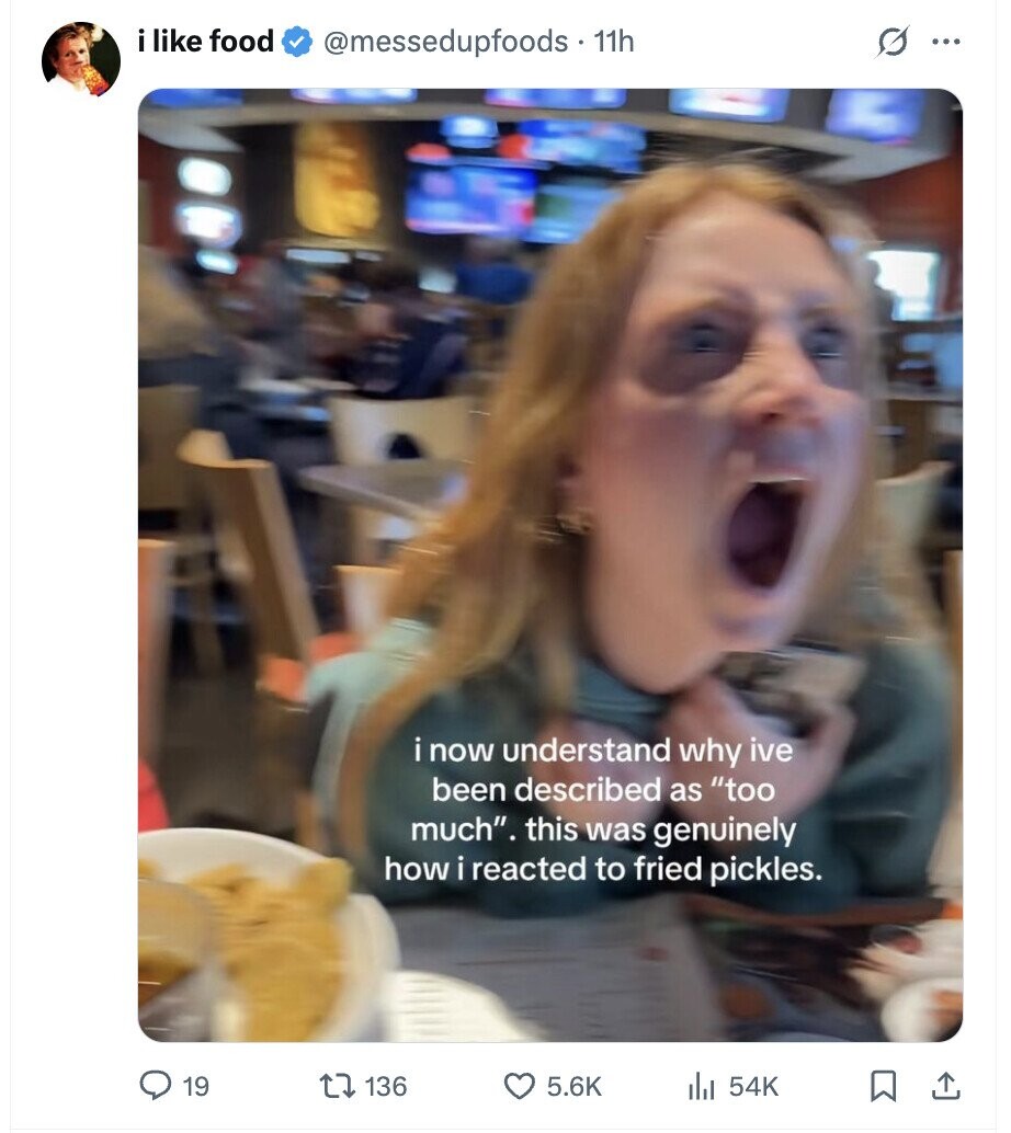 i like food @messedupfoods - 11h O ... i now understand why ive been described as too much. this was genuinely how i reacted to fried pickles. 19 136 5.6K 54K