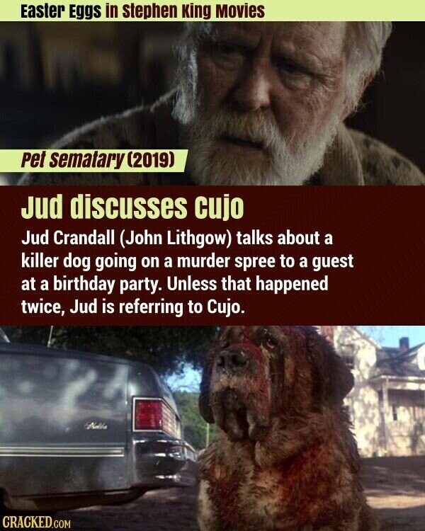 Easter Eggs in stephen King Movies Pet sematary (2019) Jud discusses cujo Jud Crandall (John Lithgow) talks about a killer dog going on a murder spree to a guest at a birthday party. Unless that happened twice, Jud is referring to Cujo. Nativa CRACKED.COM