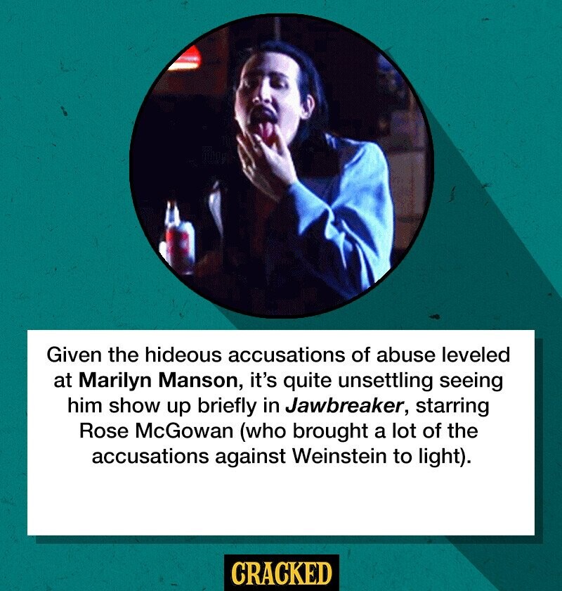 Given the hideous accusations of abuse leveled at Marilyn Manson, it's quite unsettling seeing him show up briefly in Jawbreaker, starring Rose McGowan (who brought a lot of the accusations against Weinstein to light). CRACKED