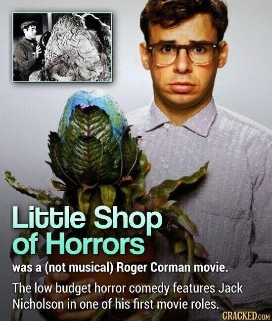 Little Shop of Horrors was a (not musical) Roger Corman movie. The low budget horror comedy features Jack Nicholson in one of his first movie roles. CRACKED.COM